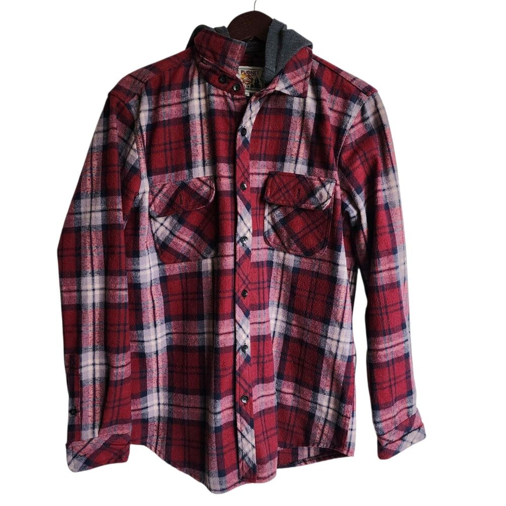 Free Planet Men's Plaid Flannel Hooded Shirt Large Red Black Cotton Jacket L